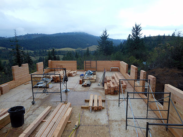Log walls going up -- note the use of scaffolding for ease of assembly.