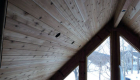 A view of the completed tongue and groove ceiling.