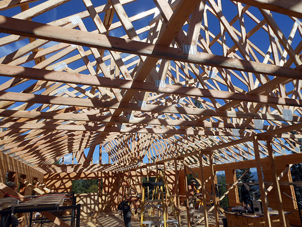 Truss roof system combination of fink and scissor trusses.